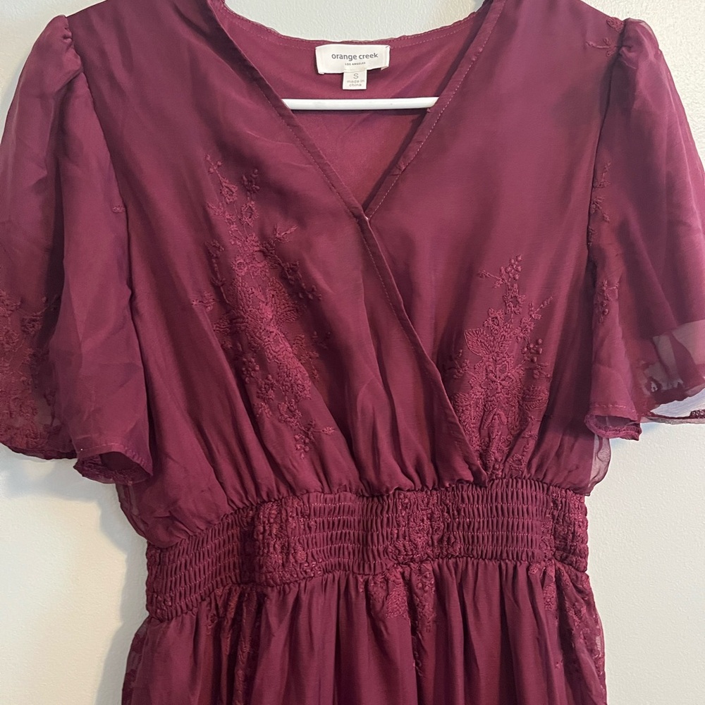 Orange Creek | 'Daphne' Surplice Embroidered Chiffon Midi Dress in Plum